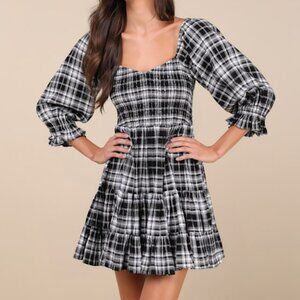 Lulus No One Cuter Black And Ivory Plaid Puff Sleeve Tiered Mini Dress - Size S